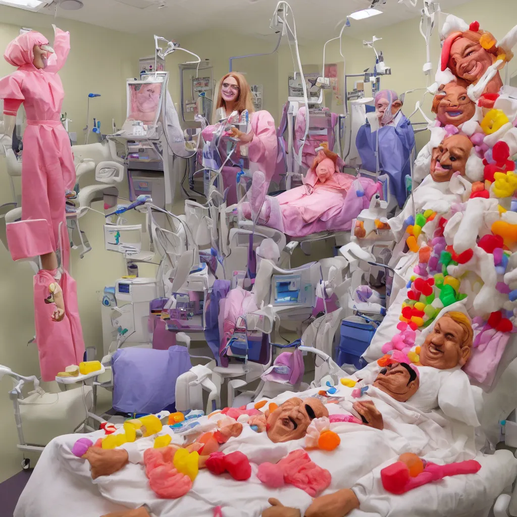 Image similar to photo of a happy patient and doctor or nurse in a hospital room made out of soft candy, candy hospital equipment, candy hospital room, candy treatments, oompa loompa virus, willy wonka pandemic