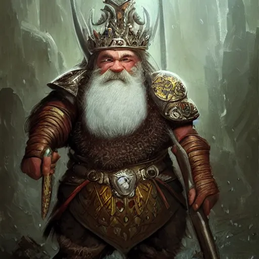 Prompt: a beautiful ultradetailed portrait of a dwarf king with a great beard! large double sided axe in his hand, with a round shield in his other hand, by greg rutkowski, karol bak and peter mohrbacher, volumetric lighting, magical realism, dark, dwarf king