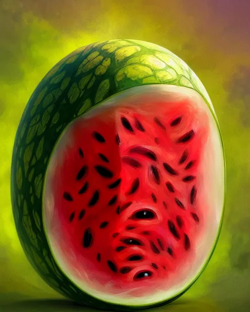 Image similar to a watermelon womb, baby in a transparent watermelon womb, gestation inside a watermelon, transparent, highly detailed, digital painting, artstation, concept art, smooth, sharp focus, illustration, art by artgerm and greg rutkowski and alphonse mucha