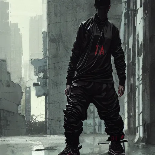 Image similar to A man wearing Acronym J36-S pants and Acronym P30A-DS and black Nike Air Force 1 sneakers, high quality, digital art, dirty cyberpunk city, greg rutkowski