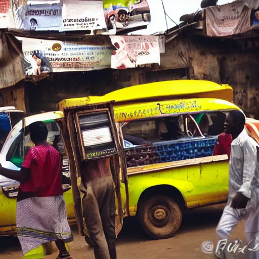 Image similar to old polaroids of futuristic african mobile market places in lagos traffic, side of taxi as fruit stand, digital advertising screens