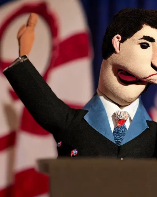 Prompt: portrait of ted cruz felt puppet behind a podium in a cpac convention, intricate detail, octane, editorial photo