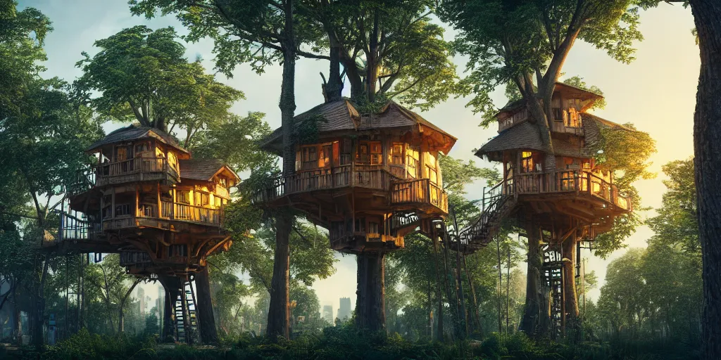 Image similar to a treehouse city, highly detailed, 8 k, hdr, award - winning, octane render, artstation, volumetric lighting