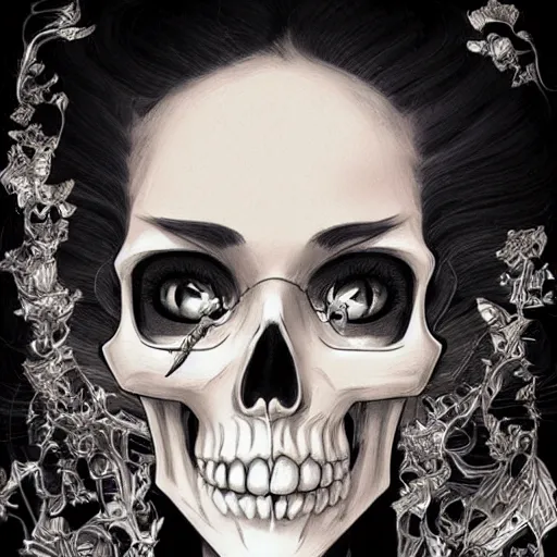 Image similar to anime manga skull portrait young woman, road to perdition, noir, skeleton, intricate, elegant, highly detailed, digital art, ffffound, art by JC Leyendecker and sachin teng