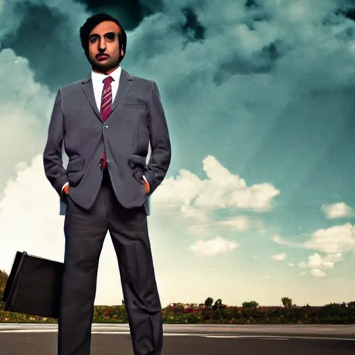 Image similar to Raj Koothrappali as Saul Goodman, promo poster, clouds in the background, cinematic light, 35 mm, film grain, movie, realistic