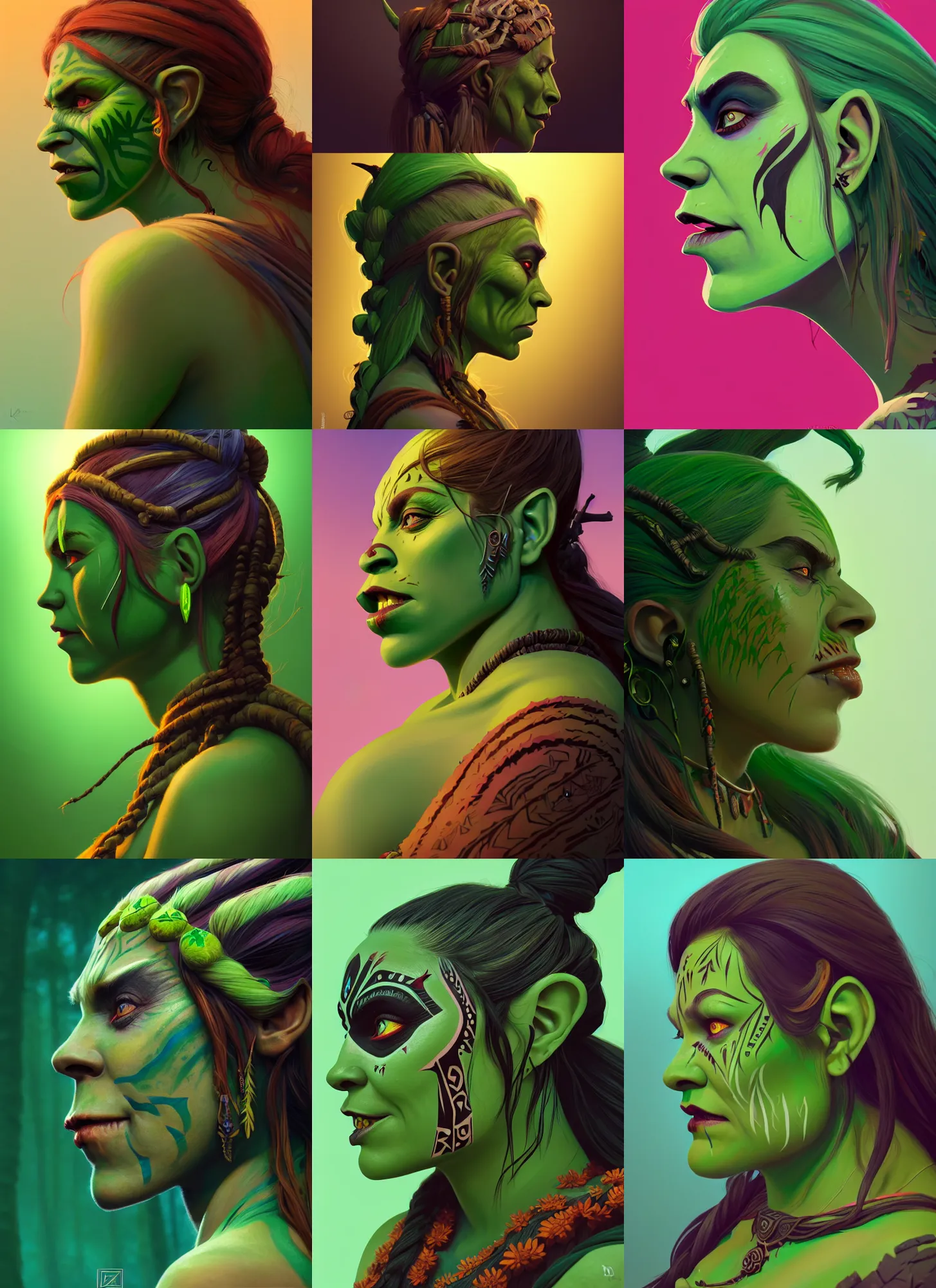 Prompt: side profile centered painted portrait, female orc forest druid, tribal markings, green skin, d & d, gloomhaven, matte painting concept art, art nouveau, beautifully backlit, swirly vibrant color lines, fantastically gaudy, aesthetic octane render, 8 k hd resolution, by ilya kuvshinov and cushart krentz and gilleard james