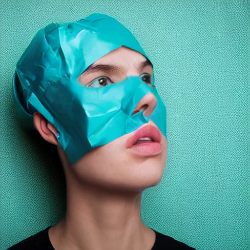 Prompt: a beautiful studio portrait of a head completely wrapped in duct tape against a dark cyan backdrop.