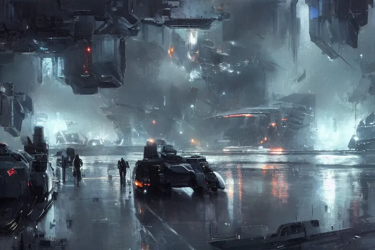 Prompt: sci - fi landscape dark spaceships docking overcast rainstorm!! spotlights by wadim kashin