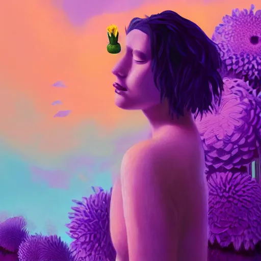 Prompt: portrait, giant purple dahlia flower head, woman in oasis, surreal photography, sunrise, blue sky, dramatic light, impressionist painting, digital painting, artstation, simon stalenhag