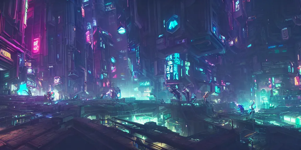 Image similar to wide angle view of piltover underground cyberpunk city, league of legends arcane, highly detailed, digital painting, artstation, concept art, octane render, by federico pelat and liam wong and jonas roscinas and damien peinoit