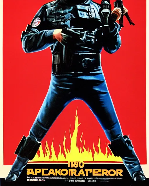 Prompt: 1 9 8 0's movie poster, barron trump is an antifa supersoldier, barron trump, exoskeleton, fan art, dramatic