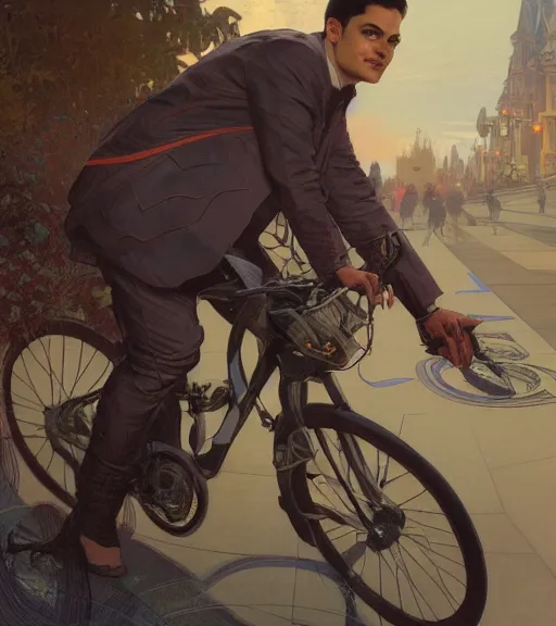 Prompt: Ben Shapiro riding a bike, sigma male, accurately portrayed, portrait art by alphonse mucha and greg rutkowski, highly detailed, digital painting, concept art, illustration, dim lighting with twilight rays of sunlight, trending on artstation, very detailed, smooth, sharp focus, octane render, close up