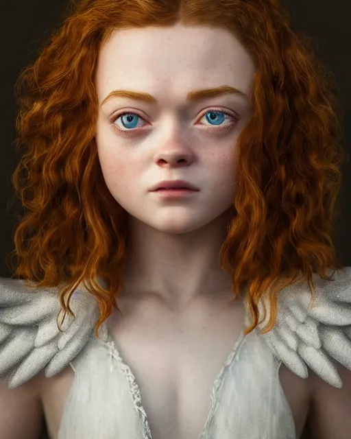 Prompt: Full body potrait of sadie sink as an angel, hyper realistic, prismatic highlights, atmosphere, gorgeous, depth of field, cinematic, macro, concept art, 50mm, artstation, wlop, elegant, epic, weta digital, focus, octane render, v-ray, 8k, kodak portra, art by Liberatore