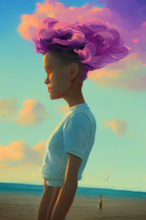 Image similar to closeup, giant lilac head, girl on beach, surreal photography, golden hour, colorful clouds, impressionist painting, digital painting, artstation, simon stalenhag