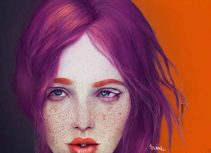 Image similar to portrait Girl with orange hair and freckles, purple background, cute-fine-face, pretty face, realistic shaded Perfect face, fine details. realistic shaded lighting by Anna Dittmann,