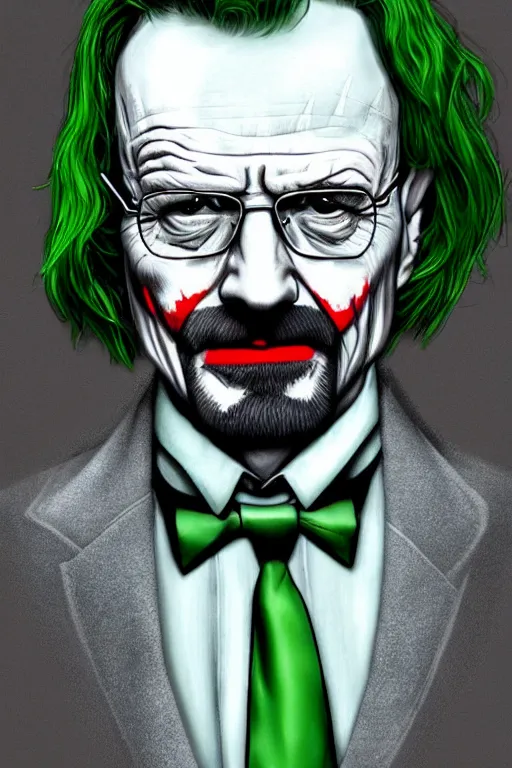 Image similar to walter white as the joker, green hair, photorealistic, highly detailed,