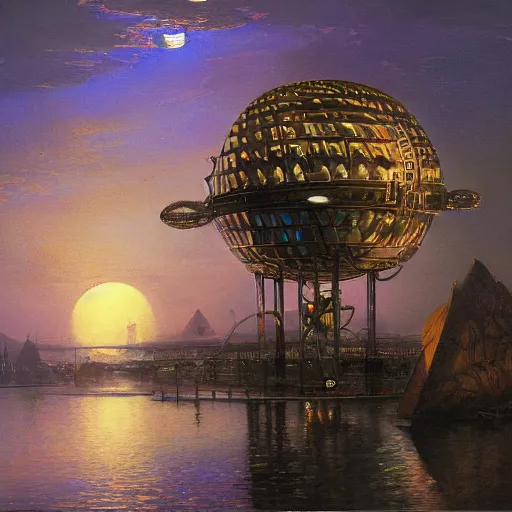 Prompt: painting of syd mead artlilery scifi organic shaped radio station with ornate metal work lands on a body of water, fossil ornaments, volumetric lights, purple sun, andreas achenbach