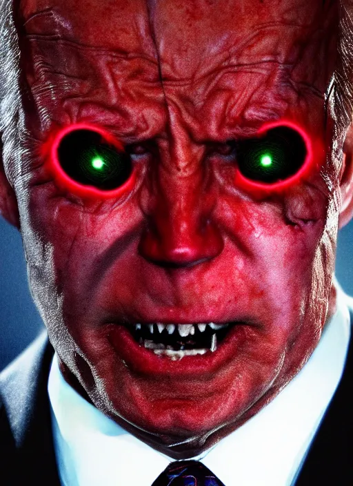 Image similar to hyper realistic ultra realistic horror terror dimensional photo furious glowing red eyes biden, high quality photo, detailed , 8k