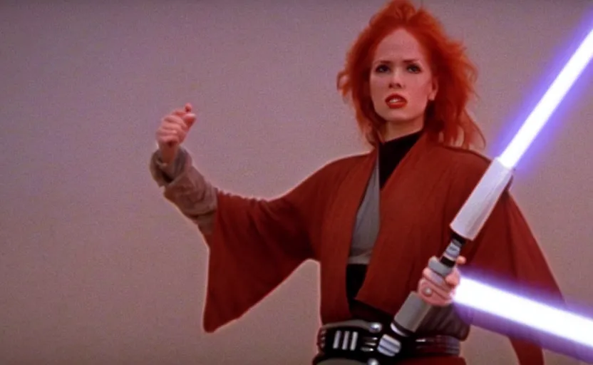 Prompt: screenshot of Julian Moore as Mara Jade, the female jedi in 1980s star wars film, with lightsaber from the film 2001 Space Oddyssey (1968) directed by Stanley Kubrick, 4k still frame, windy hair, cinematic lighting, stunning cinematography, hyper detailed scene, anamorphic lenses, kodak color film stock