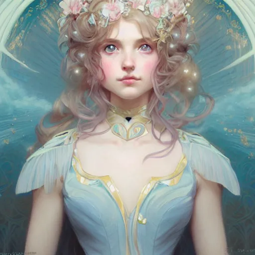 Image similar to Portrait of magical girl, dreamy and ethereal, pastel blue eyes, peaceful expression, ornate frilly dress, fantasy, intricate, elegant, dynamic lighting, highly detailed, digital painting, artstation, concept art, smooth, sharp focus, illustration, art by artgerm and greg rutkowski and alphonse mucha