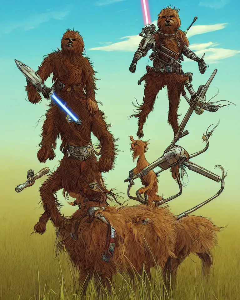 Prompt: full body of scifi warrior riding a long fur lama creature with artefacts and tattoos standing in field of high grass, star wars vibe, art by moebius, clean line on uniform background, colorful comics style, artstation