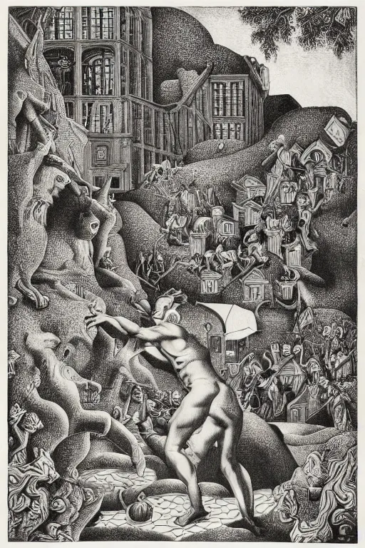 Image similar to Orpheus charming the beasts. Engraving by M.C. Escher