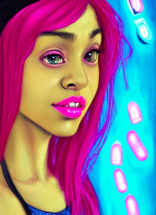 Prompt: portrait of teenage vanessa morgan with bright pink hair, black girl, vanessa morgan, curly pixie cut hair, wearing newsboy cap, pink pixie haircut, newsboy cap, hoop earrings, intricate, elegant, glowing lights, highly detailed, digital painting, artstation, concept art, smooth, sharp focus, illustration, art by wlop, mars ravelo and greg rutkowski