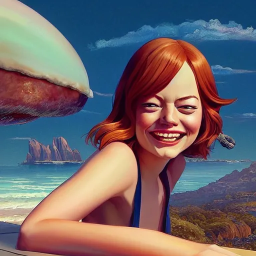 Prompt: emma stone smiling to see flying big italian sausages by concept artist gervasio canda, behance hd by jesper ejsing, by rhads, makoto shinkai and lois van baarle, ilya kuvshinov, rossdraws global illumination radiating a glowing aura global illumination ray tracing hdr render in unreal engine 5