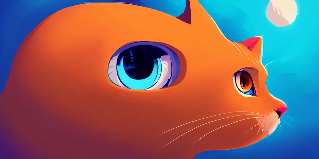 Image similar to curved perspective, extreme narrow, extreme fisheye, digital art of a big blue eyes female cat with ginger hairstyle with blue flower in her hair by anton fadeev from nightmare before christmas