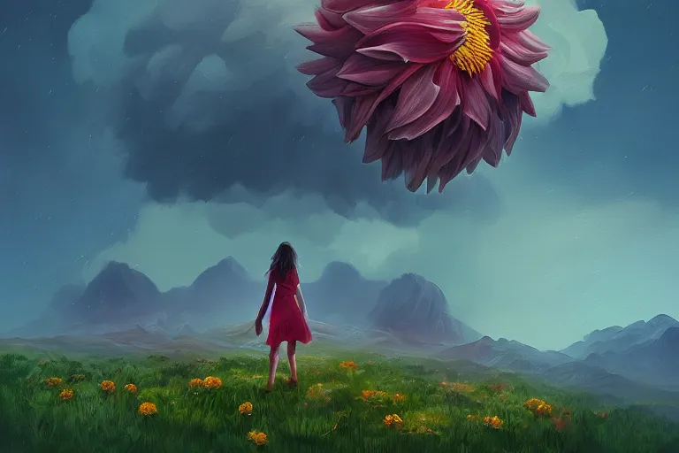 Image similar to giant dahlia flower as a head, girl walking on mountain, surreal photography, stars, dramatic light, impressionist painting, storm clouds, digital painting, artstation, simon stalenhag