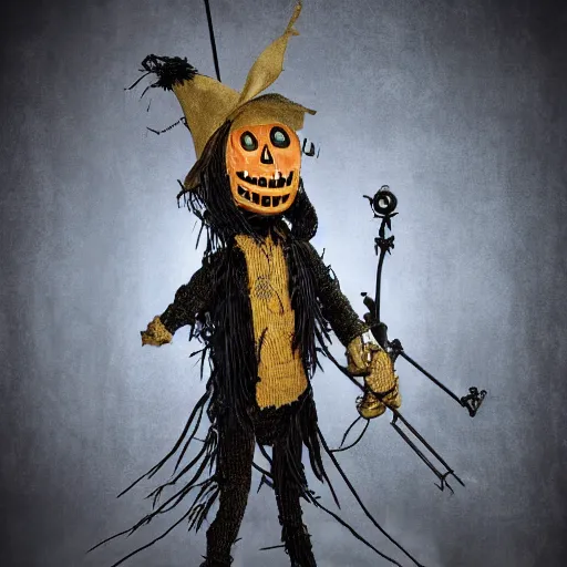 Prompt: scary, thin, metallic scarecrow with a crossbow
