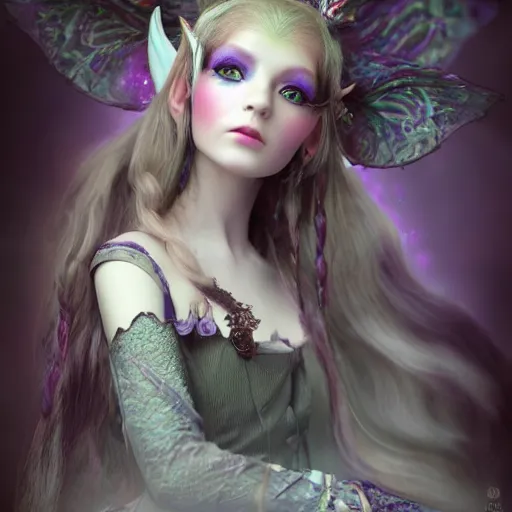 Image similar to Ethereal, mysterious stunning maximalist mesmerizing elven girl with elf ears from the rainbow sky paradise, high-tech, Victorian gothic lolita fashion, by Mark Ryden, artgerm, Hiroyuki-Mitsume Takahashi, WLOP, Goto Fujita, 奈良美智, Pixiv 3DCG, DAZ Studio, highly detailed, photorealistic, 8k resolution 3D, cinematic, dynamic lighting, octane render