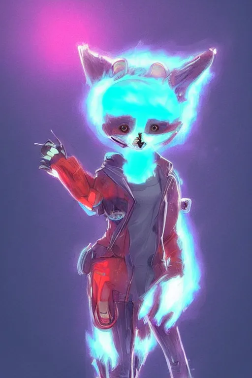 Image similar to a cute cyberpunk anthropomorphic fox with a fluffy tail, comic art, trending on furaffinity, cartoon, kawaii, backlighting, furry art!!!, warm light, concept art, glitch art