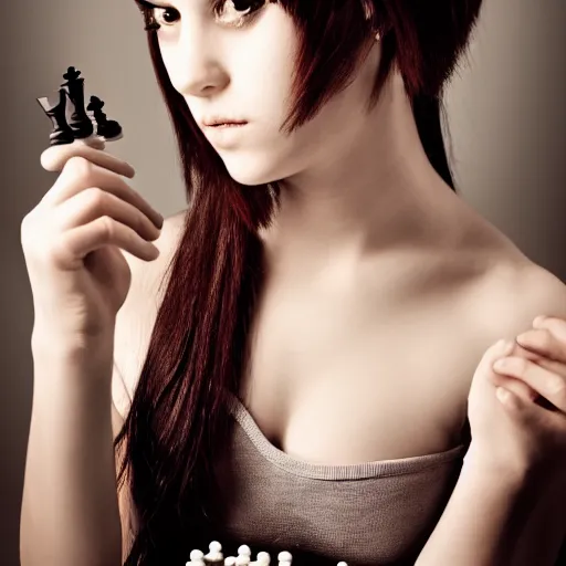 Image similar to young seductive beautiful emo girl with a chess piece in her hands. highly detailed photography of a famous actress
