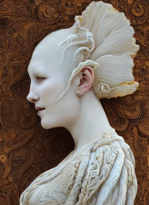 Prompt: opalescent marble sculpture of beautiful woman, mandelbulb, ivory carving, fractal paisley inlay, lace, intricate, lace, elegant, highly detailed, artgerm, lace, by ruan jia and greg rutkowski