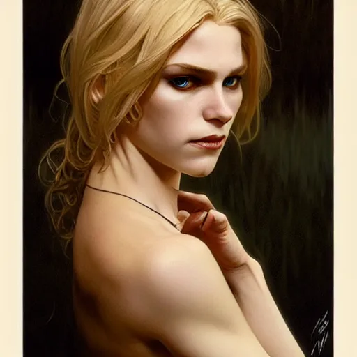 Image similar to portrait of a beautiful young blonde vampire, anatomically correct, dark, piercing eyes, gentle expression, elegant clothing, photorealistic, highly detailed, artstation, smooth, sharp focus, art by michael whelan, artgerm, greg rutkowski and alphonse mucha