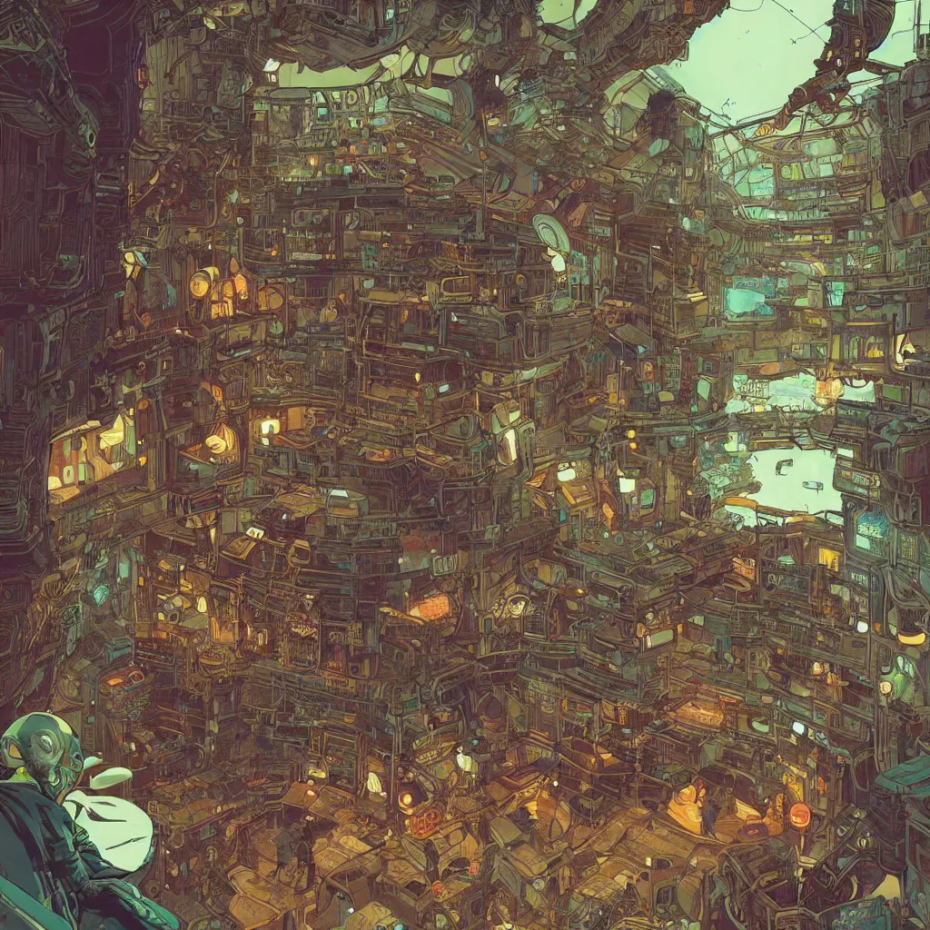 Image similar to Stunningly intricate illustration of a cyberpunk explorer playing video games in his treehouse, highly detailed, midnight, by Victo Ngai and James Gilleard , Moebius, Laurie Greasley