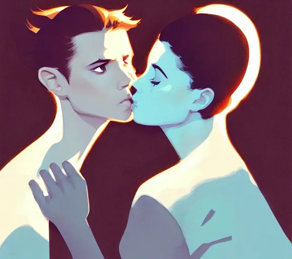 Image similar to portrait of angel kissing buffy by atey ghailan, by greg rutkowski, by greg tocchini, by james gilleard, by joe fenton, by kaethe butcher, dynamic lighting, gradient light blue, brown, blonde cream and white color scheme, grunge aesthetic