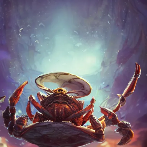 Image similar to A portrait of a giant crab wizard, 4k, fantasy, D&D, traditional art, highly detailed, full body shot, shallow depth of field, bokeh, professional lighting