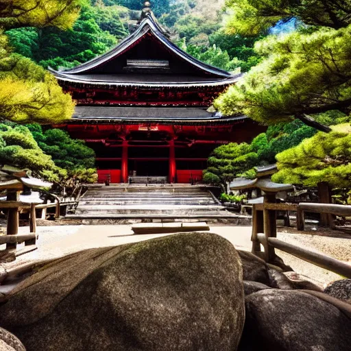 Image similar to giant japanese temple in the mountains, rocks, trees, beautiful natural light, cinematic, amazing