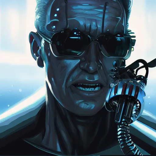 Image similar to James Cameron as the T-800 Terminator, the terminator robot looks exactly like James Cameron, ambient lighting, 4k, anime key visual, lois van baarle, ilya kuvshinov, rossdraws, artstation