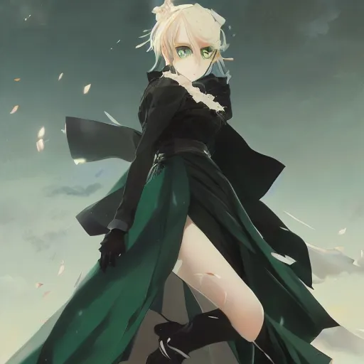 Image similar to victorique de blois anime girl gosick green eyes black dress blonde hair by greg rutkowski makoto shinkai aramaki shinji artgerm, cushart krenz key art feminine