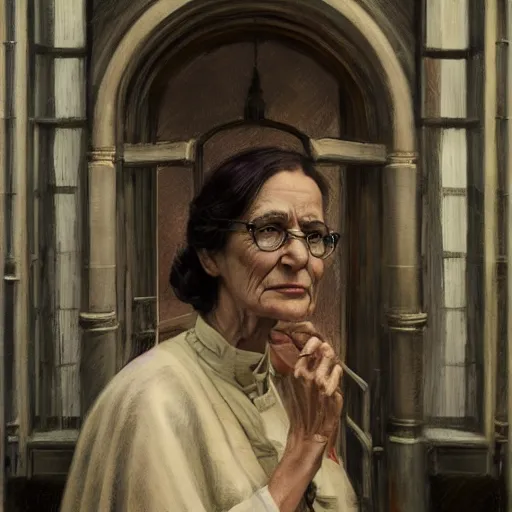 Image similar to detailed face of an intelligent cloaked scholarly elder woman with kind eyes in a architectonic victorian courtyard at a science expo, atmospheric, ambient, pj crook, syd mead, livia prima, artgerm, greg rutkowski, nick alm, casey baugh