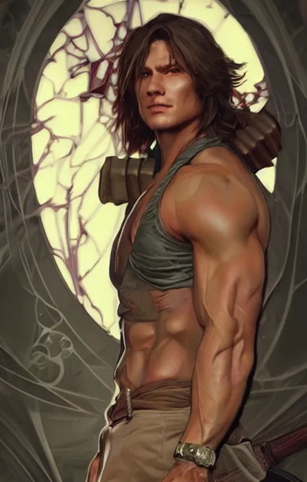 Prompt: pretty muscular sam winchester as a character in a final fantasy art design, character concept, sharp focus!, ultra detailed, art by artgerm alphonse mucha, wlop