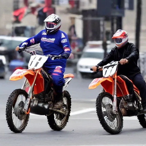 Prompt: trump riding motocross bike without wearing a helmet in new york doing a wheelie