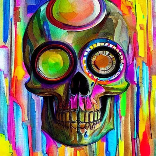 Image similar to A beautiful kinetic sculpture of a skull that is part organic, part mechanic. It is an accurate representation of how the artist sees the world. by Lori Earley, by Antoine Blanchard colorful, geometric