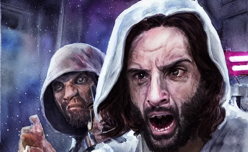 Image similar to an accurate realistic star wars watercolor fantasy concept art of a drug dealer that looks like chris d'elia yelling angrily in a sleazy futuristic bar of coruscant, hq, 4 k