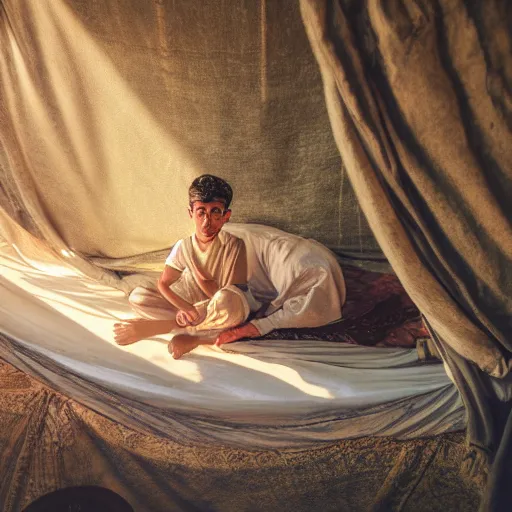 Image similar to 12 year old middle eastern skinned boy with short hair and Biblical clothing sleeping. Interior of ancient tent. Nightime. Light rays shine onto his body. Miraculous. Spiritual. dramatic angle, 8k hdr pixiv dslr photo by Makoto Shinkai and Wojtek Fus