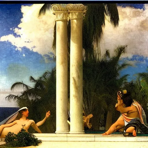 Image similar to The giant column, thunderstorm, greek pool, beach and palm trees on the background major arcana sky, by paul delaroche, alphonse mucha and arnold böcklin arnold böcklin hyperrealistic 8k, very detailed