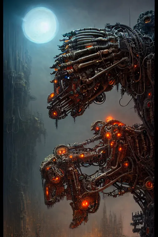 Image similar to A photorealistic 3d render of a robot monster cyborg made of circuits wide view shot by ellen jewett , tomasz alen kopera and Justin Gerard symmetrical features, ominous, magical realism, texture, intricate, ornate, royally decorated, android format, windows, many doors, roofs, complete house , whirling smoke, embers, red adornments, red torn fabric, radiant colors, fantasy, trending on artstation, volumetric lighting, micro details, 3d sculpture, ray tracing, 8k